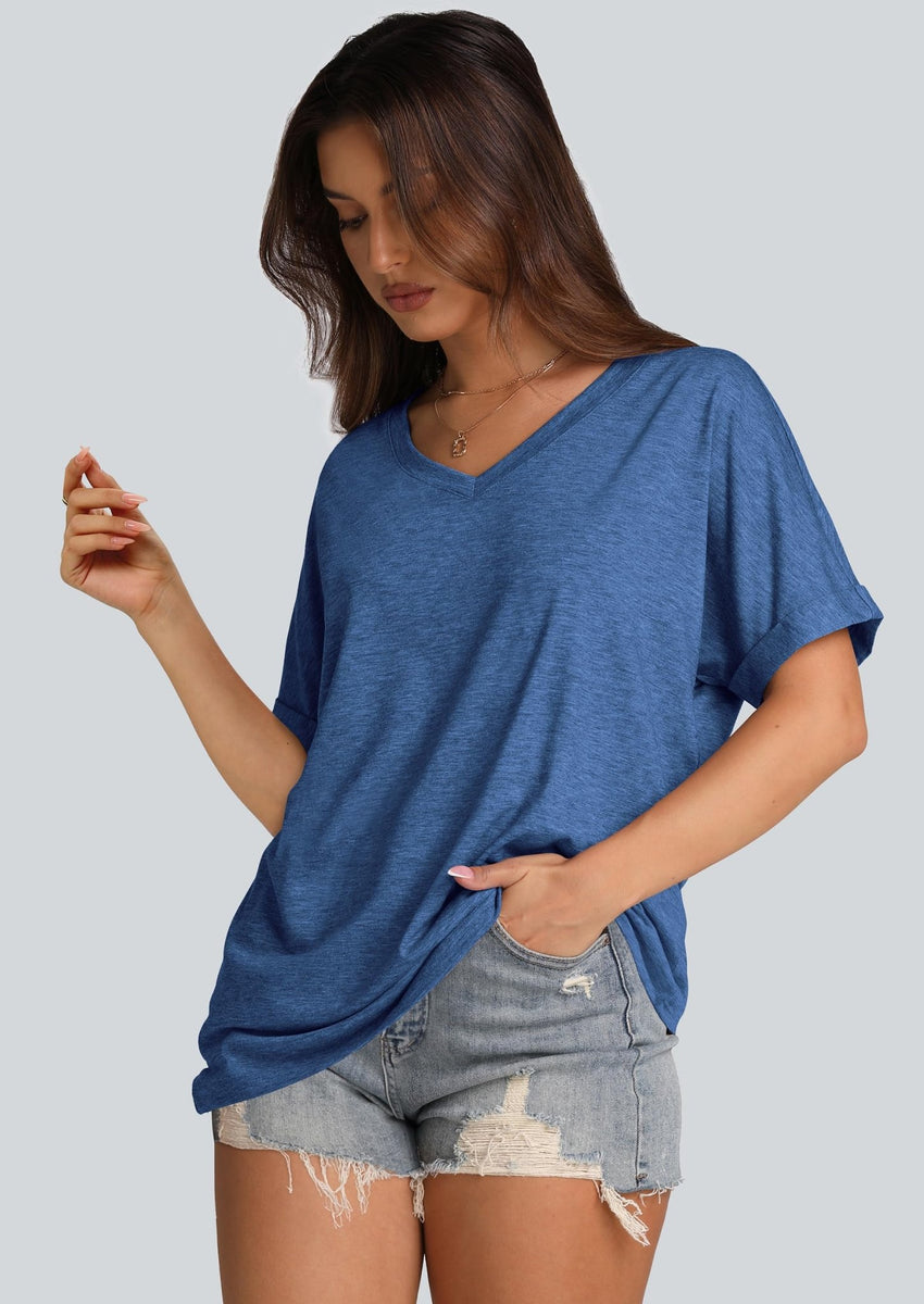 WIHOLL Womens Oversized Tshirts Summer Tops 2025 Short Sleeve V Neck Shirts Outfits Plus Size Clothes - 7DAY'S