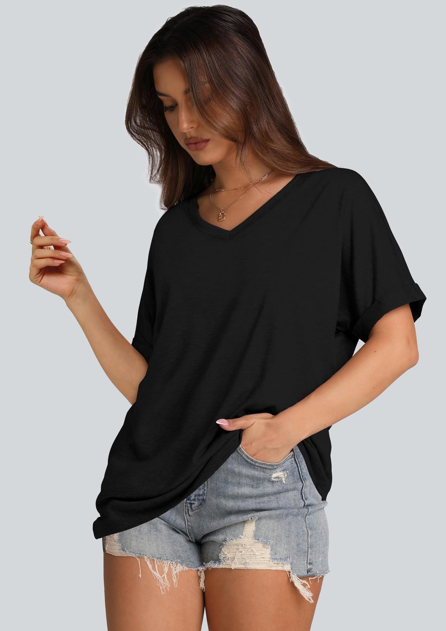 WIHOLL Womens Oversized Tshirts Summer Tops 2025 Short Sleeve V Neck Shirts Outfits Plus Size Clothes - 7DAY'S