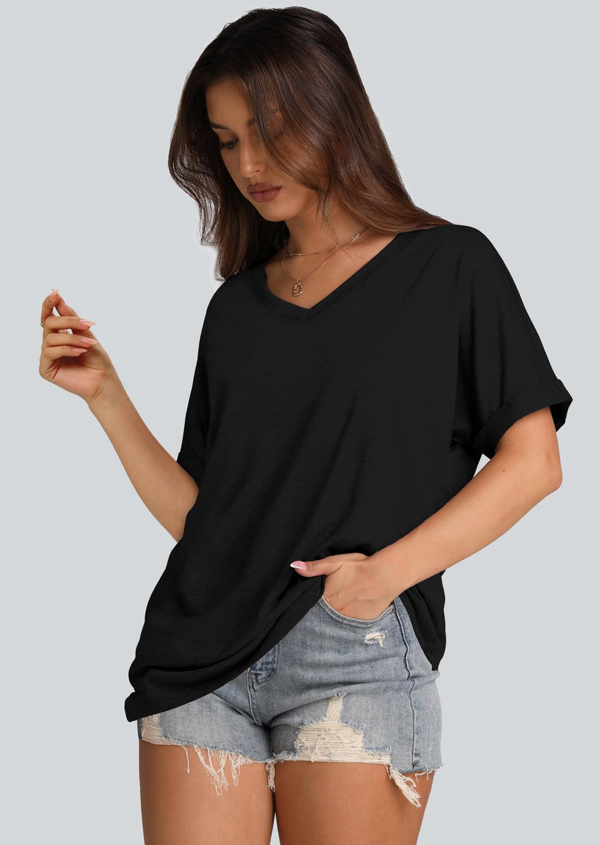 WIHOLL Womens Oversized Tshirts Summer Tops 2025 Short Sleeve V Neck Shirts Outfits Plus Size Clothes - 7DAY'S