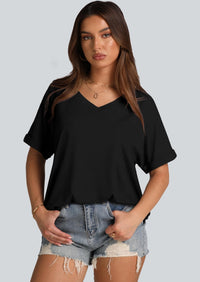 WIHOLL Womens Oversized Tshirts Summer Tops 2025 Short Sleeve V Neck Shirts Outfits Plus Size Clothes - 7DAY'S