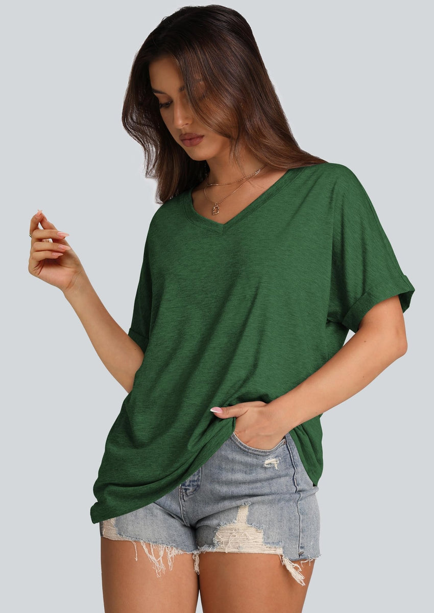 WIHOLL Womens Oversized Tshirts Summer Tops 2025 Short Sleeve V Neck Shirts Outfits Plus Size Clothes - 7DAY'S