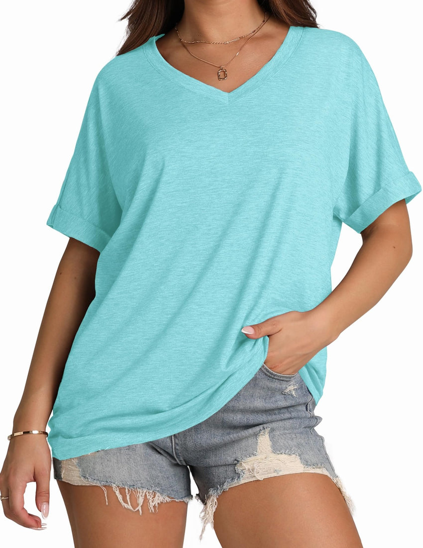 WIHOLL Womens Oversized Tshirts Summer Tops 2025 Short Sleeve V Neck Shirts Outfits Plus Size Clothes - 7DAY'S