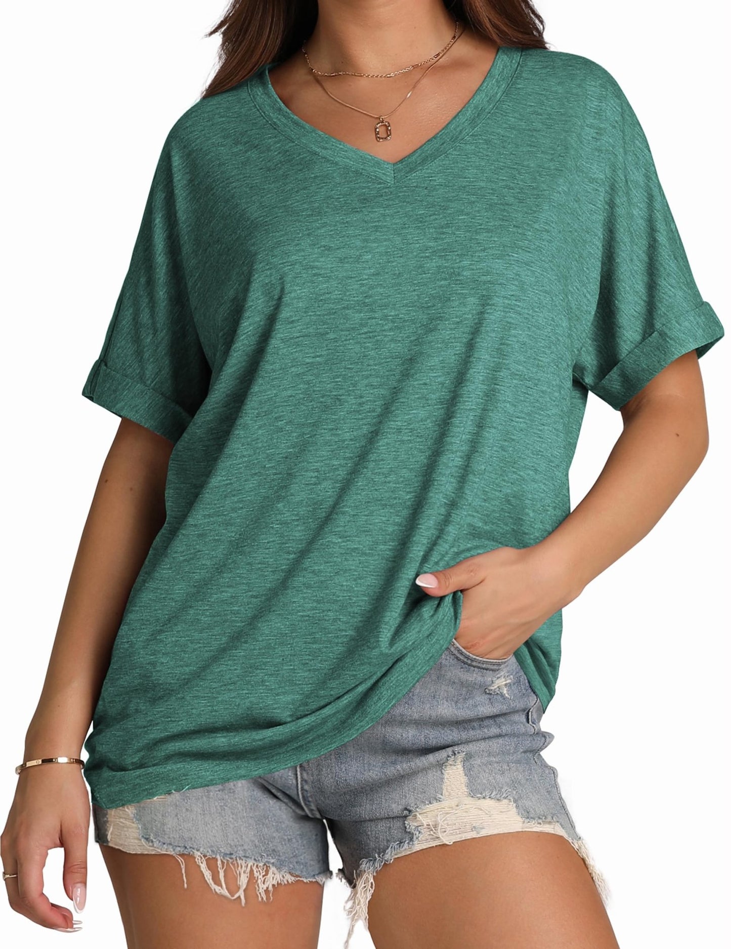 WIHOLL Womens Oversized Tshirts Summer Tops 2025 Short Sleeve V Neck Shirts Outfits Plus Size Clothes - 7DAY'S