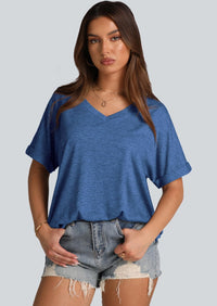 WIHOLL Womens Oversized Tshirts Summer Tops 2025 Short Sleeve V Neck Shirts Outfits Plus Size Clothes - 7DAY'S