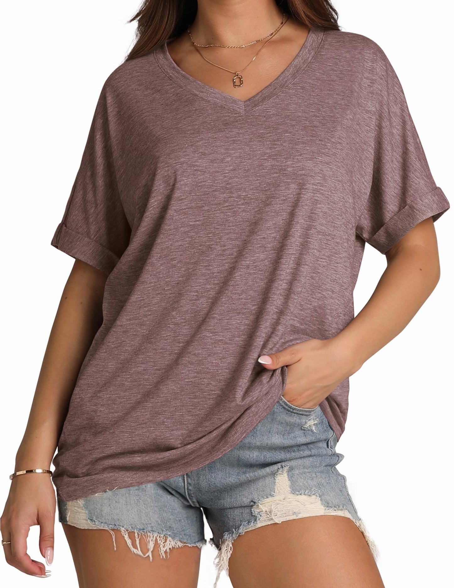 WIHOLL Womens Oversized Tshirts Summer Tops 2025 Short Sleeve V Neck Shirts Outfits Plus Size Clothes - 7DAY'S