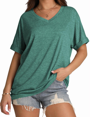 WIHOLL Womens Oversized Tshirts Summer Tops 2025 Short Sleeve V Neck Shirts Outfits Plus Size Clothes - 7DAY'S