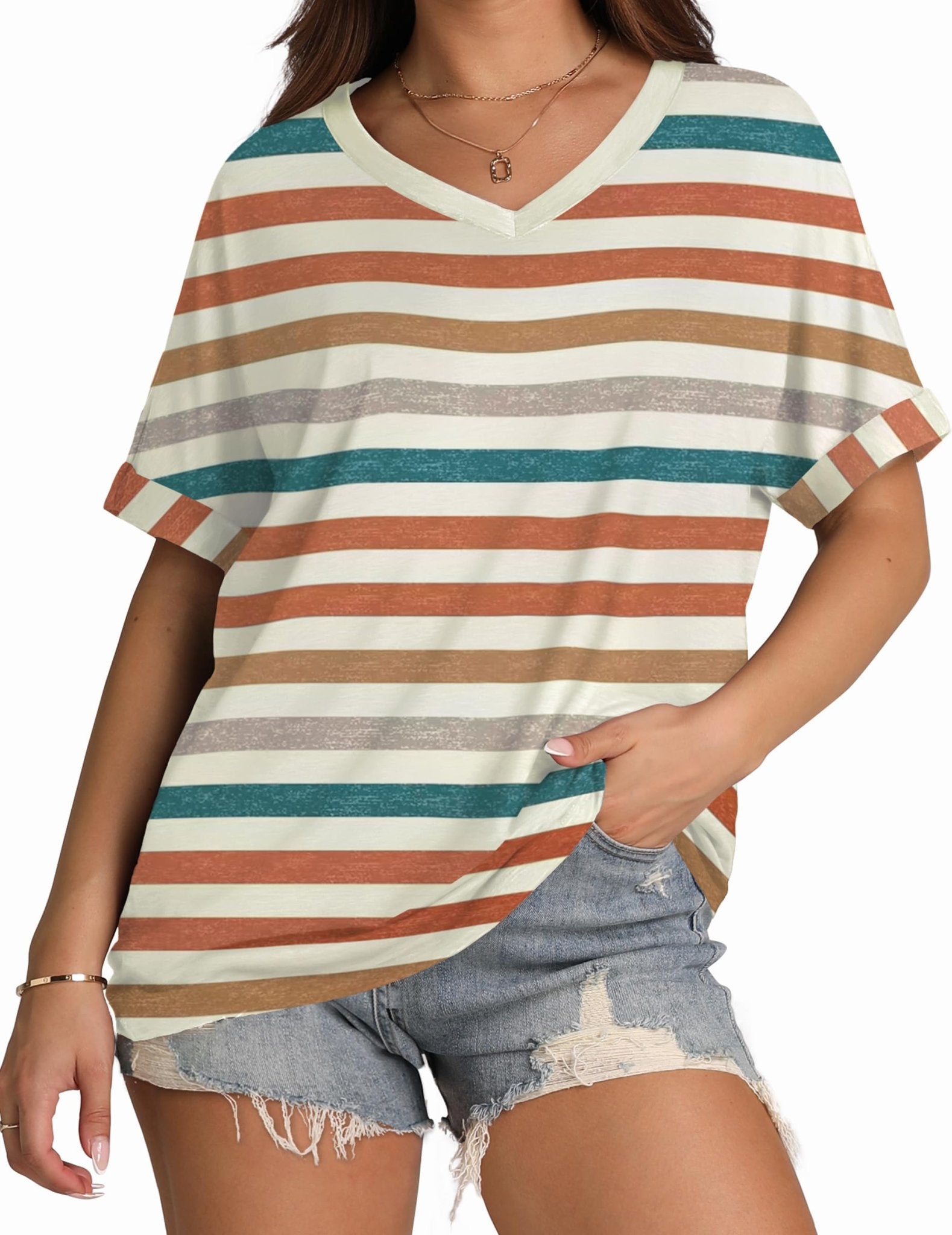 WIHOLL Womens Oversized Tshirts Summer Tops 2025 Short Sleeve V Neck Shirts Outfits Plus Size Clothes - 7DAY'S