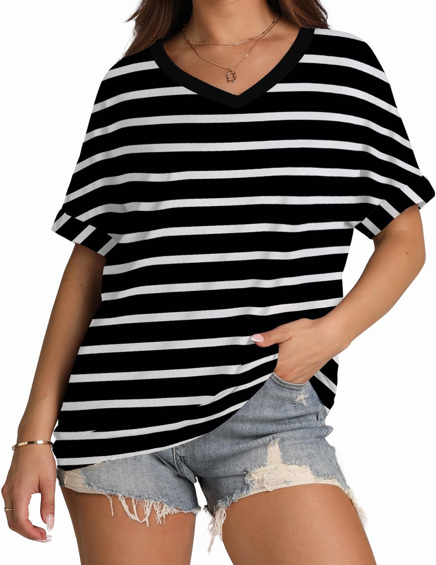 WIHOLL Womens Oversized Tshirts Summer Tops 2025 Short Sleeve V Neck Shirts Outfits Plus Size Clothes - 7DAY'S