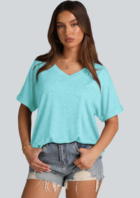 WIHOLL Womens Oversized Tshirts Summer Tops 2025 Short Sleeve V Neck Shirts Outfits Plus Size Clothes - 7DAY'S
