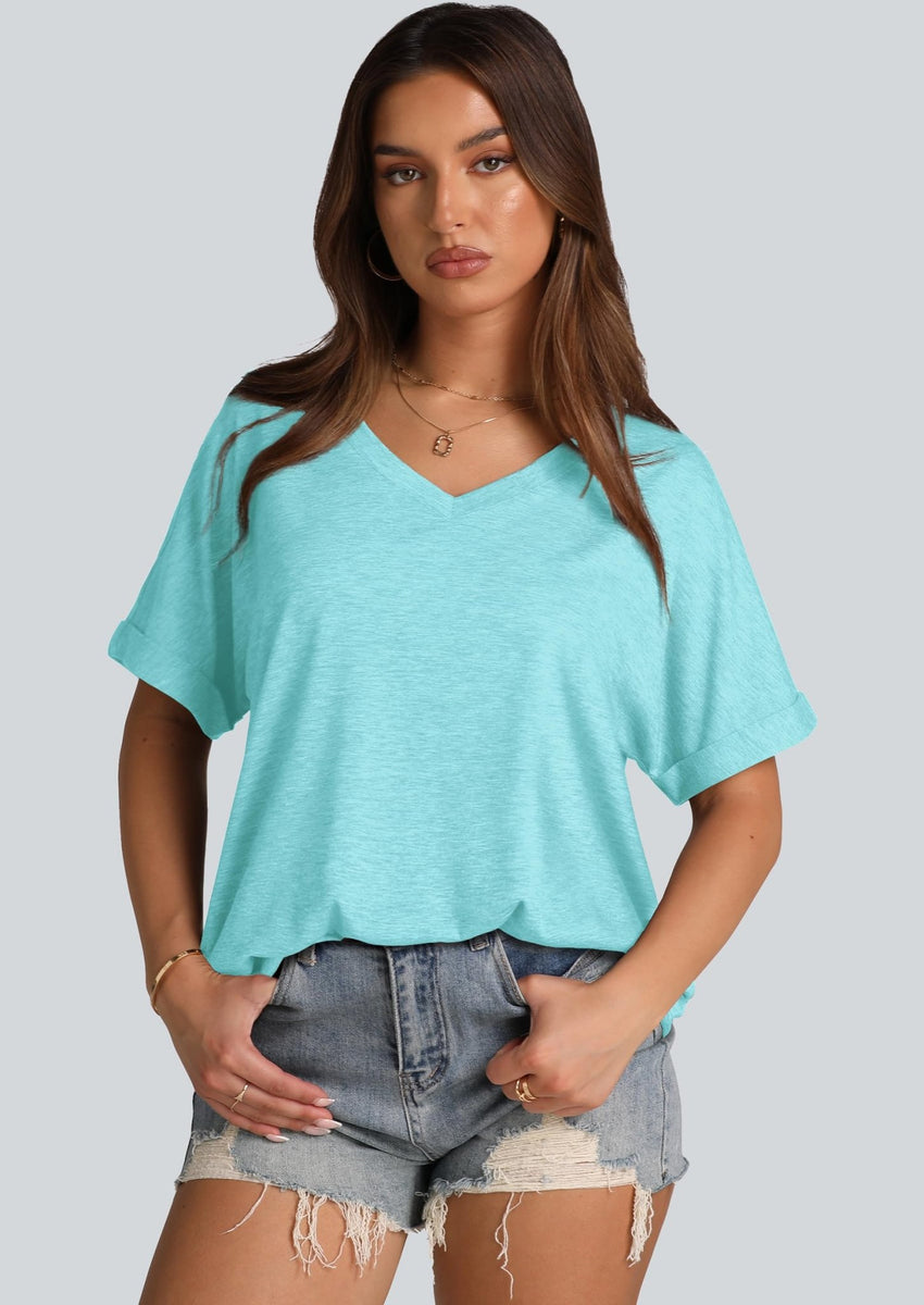 WIHOLL Womens Oversized Tshirts Summer Tops 2025 Short Sleeve V Neck Shirts Outfits Plus Size Clothes - 7DAY'S