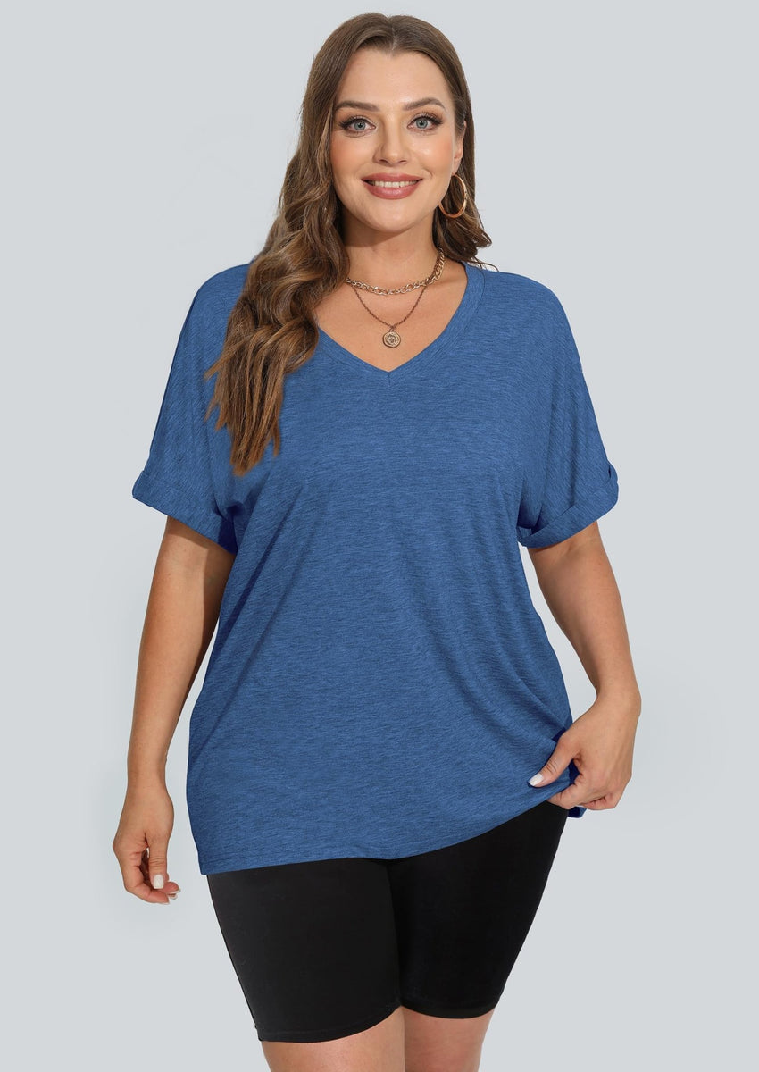 WIHOLL Womens Oversized Tshirts Summer Tops 2025 Short Sleeve V Neck Shirts Outfits Plus Size Clothes - 7DAY'S