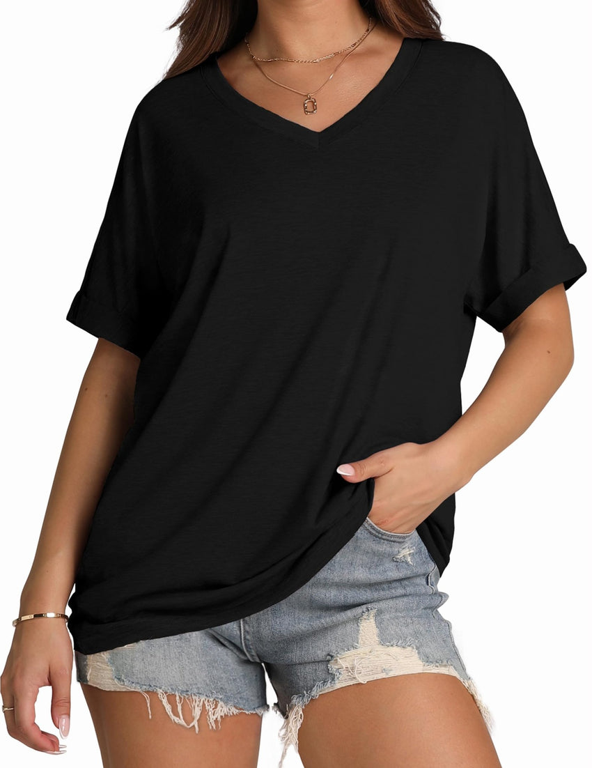 WIHOLL Womens Oversized Tshirts Summer Tops 2025 Short Sleeve V Neck Shirts Outfits Plus Size Clothes - 7DAY'S