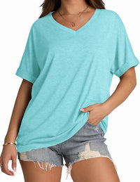 WIHOLL Womens Oversized Tshirts Summer Tops 2025 Short Sleeve V Neck Shirts Outfits Plus Size Clothes - 7DAY'S