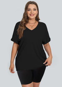 WIHOLL Womens Oversized Tshirts Summer Tops 2025 Short Sleeve V Neck Shirts Outfits Plus Size Clothes - 7DAY'S
