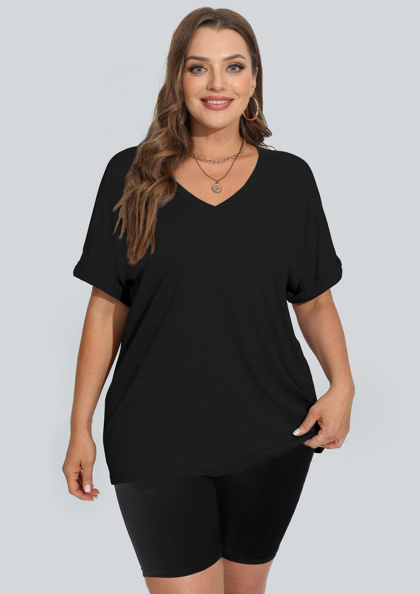 WIHOLL Womens Oversized Tshirts Summer Tops 2025 Short Sleeve V Neck Shirts Outfits Plus Size Clothes - 7DAY'S