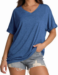 WIHOLL Womens Oversized Tshirts Summer Tops 2025 Short Sleeve V Neck Shirts Outfits Plus Size Clothes - 7DAY'S