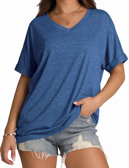 WIHOLL Womens Oversized Tshirts Summer Tops 2025 Short Sleeve V Neck Shirts Outfits Plus Size Clothes - 7DAY'S