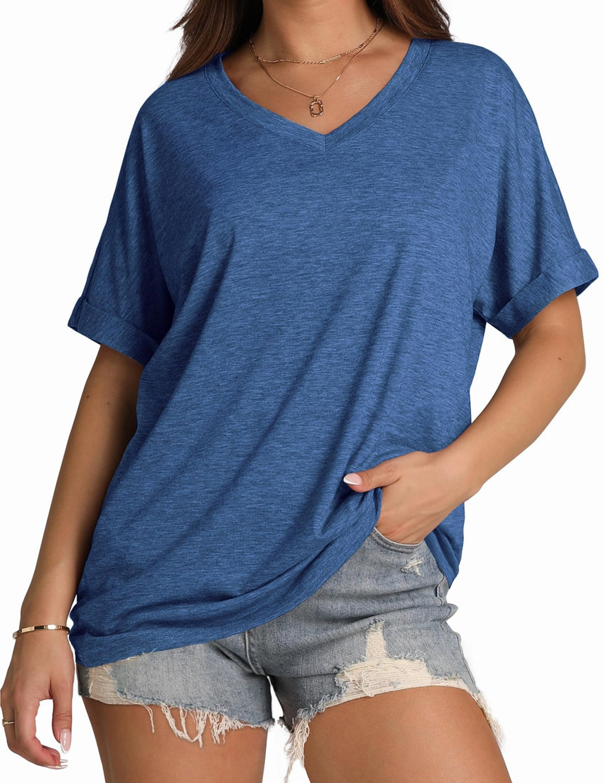 WIHOLL Womens Oversized Tshirts Summer Tops 2025 Short Sleeve V Neck Shirts Outfits Plus Size Clothes - 7DAY'S