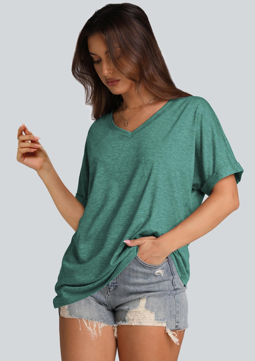 WIHOLL Womens Oversized Tshirts Summer Tops 2025 Short Sleeve V Neck Shirts Outfits Plus Size Clothes - 7DAY'S