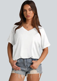 WIHOLL Womens Oversized Tshirts Summer Tops 2025 Short Sleeve V Neck Shirts Outfits Plus Size Clothes - 7DAY'S