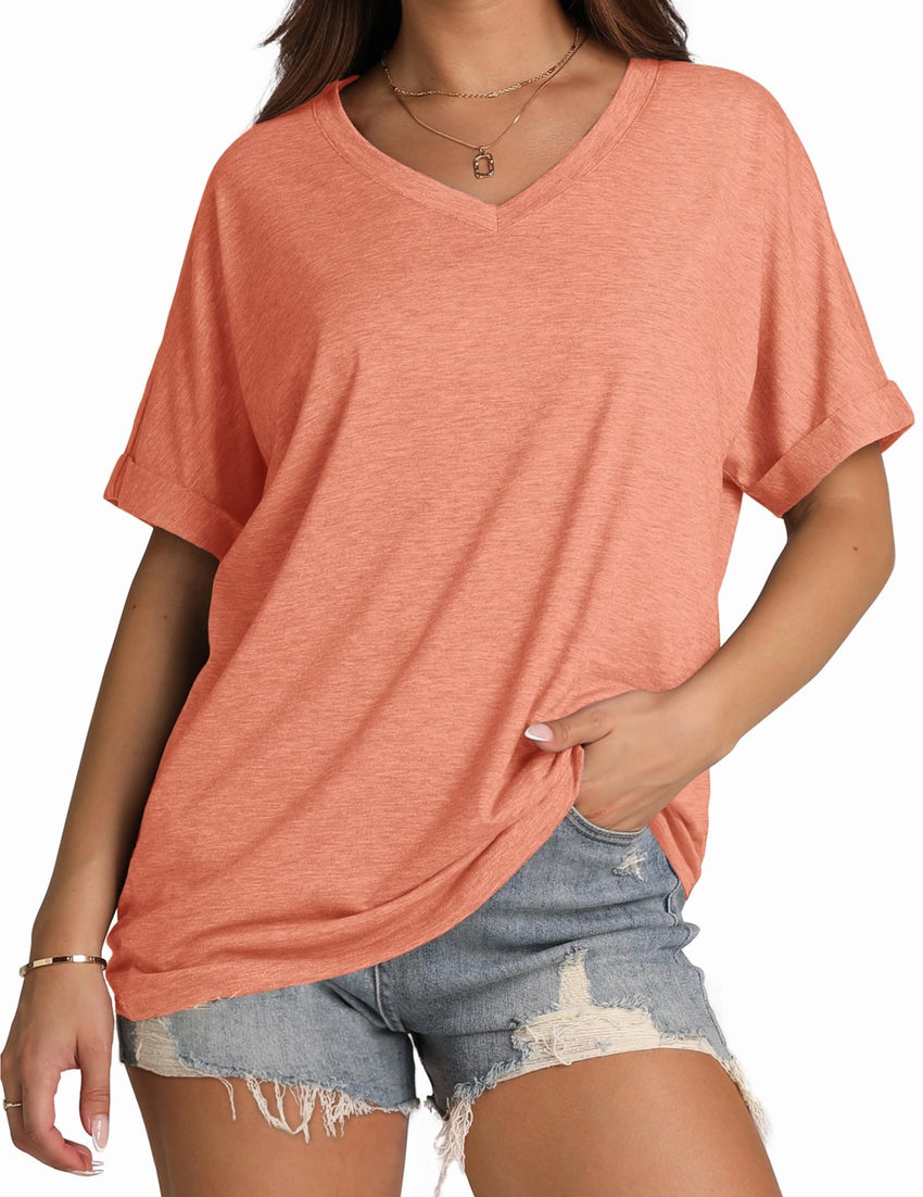 WIHOLL Womens Oversized Tshirts Summer Tops 2025 Short Sleeve V Neck Shirts Outfits Plus Size Clothes - 7DAY'S