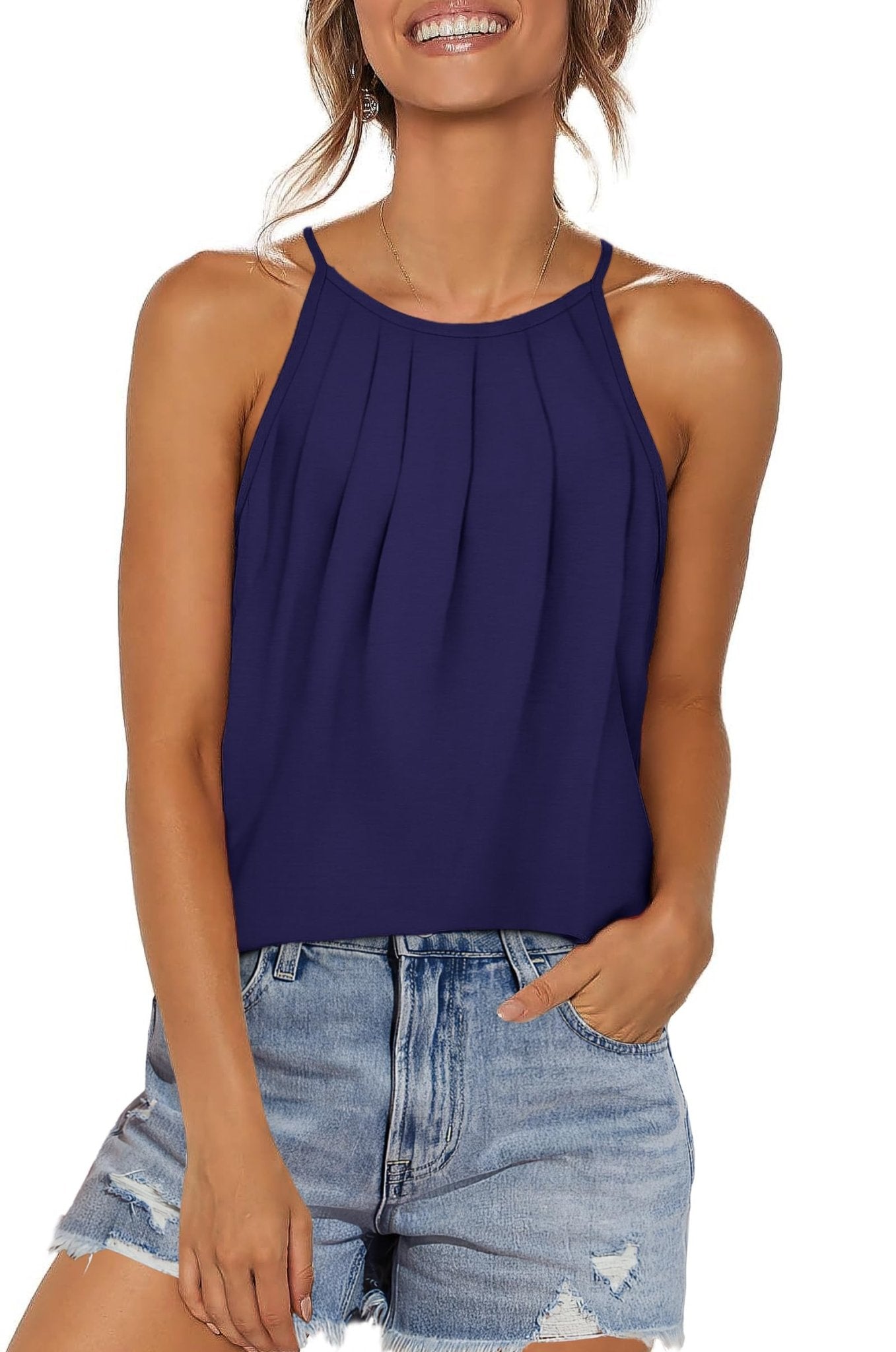 WIHOLL Womens Pleated Tank Tops Spaghetti Strap Camisole Halter Tops Curved Hem Fashion 2025 - 7DAY'S