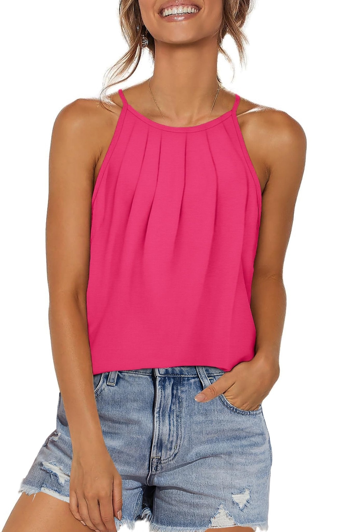 WIHOLL Womens Pleated Tank Tops Spaghetti Strap Camisole Halter Tops Curved Hem Fashion 2025 - 7DAY'S