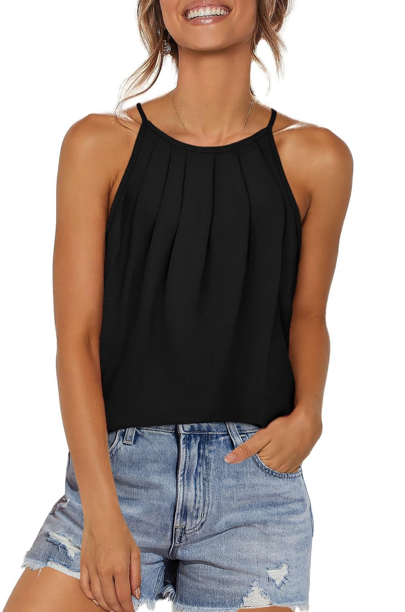 WIHOLL Womens Pleated Tank Tops Spaghetti Strap Camisole Halter Tops Curved Hem Fashion 2025 - 7DAY'S