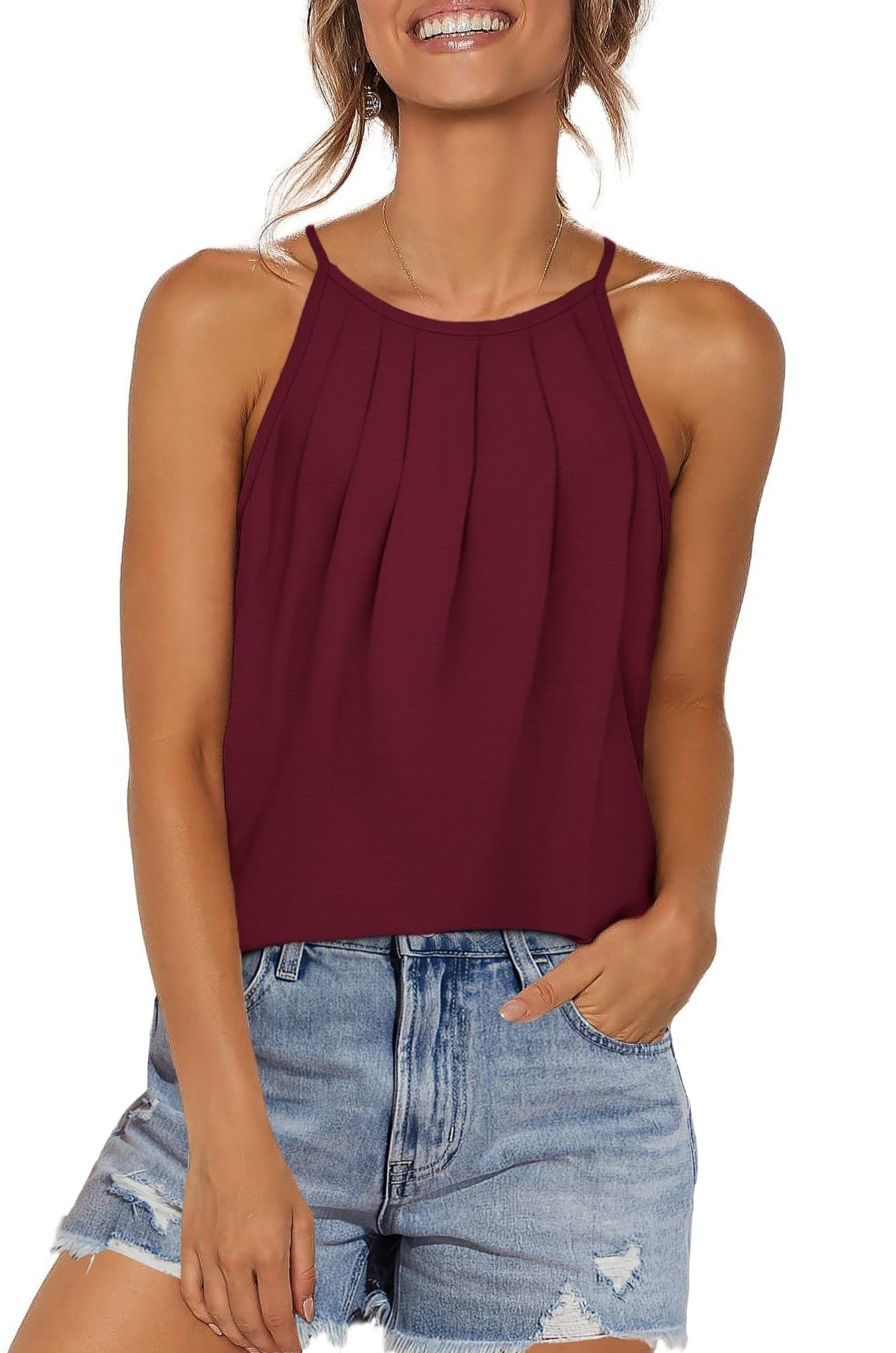 WIHOLL Womens Pleated Tank Tops Spaghetti Strap Camisole Halter Tops Curved Hem Fashion 2025 - 7DAY'S