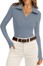 WIHOLL Womens Polo Shirts Long Sleeve Business Casual Tops Collared V Neck Ribbed Knit Sweater Slim Fit Blouses - 7DAY'S