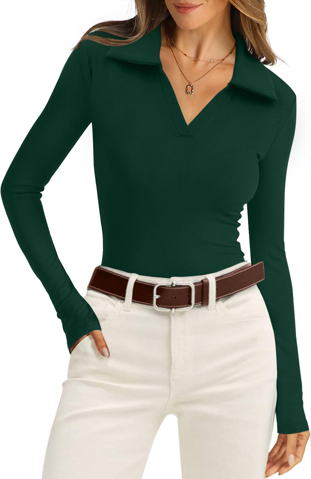 WIHOLL Womens Polo Shirts Long Sleeve Business Casual Tops Collared V Neck Ribbed Knit Sweater Slim Fit Blouses - 7DAY'S