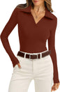 WIHOLL Womens Polo Shirts Long Sleeve Business Casual Tops Collared V Neck Ribbed Knit Sweater Slim Fit Blouses - 7DAY'S