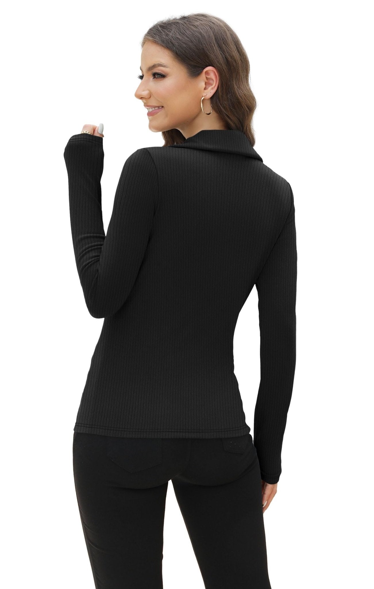 WIHOLL Womens Polo Shirts Long Sleeve Business Casual Tops Collared V Neck Ribbed Knit Sweater Slim Fit Blouses - 7DAY'S