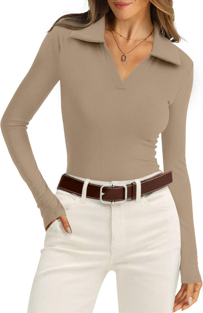 WIHOLL Womens Polo Shirts Long Sleeve Business Casual Tops Collared V Neck Ribbed Knit Sweater Slim Fit Blouses - 7DAY'S