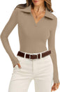 WIHOLL Womens Polo Shirts Long Sleeve Business Casual Tops Collared V Neck Ribbed Knit Sweater Slim Fit Blouses - 7DAY'S