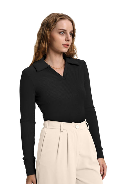 WIHOLL Womens Polo Shirts Long Sleeve Business Casual Tops Collared V Neck Ribbed Knit Sweater Slim Fit Blouses - 7DAY'S
