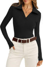WIHOLL Womens Polo Shirts Long Sleeve Business Casual Tops Collared V Neck Ribbed Knit Sweater Slim Fit Blouses - 7DAY'S