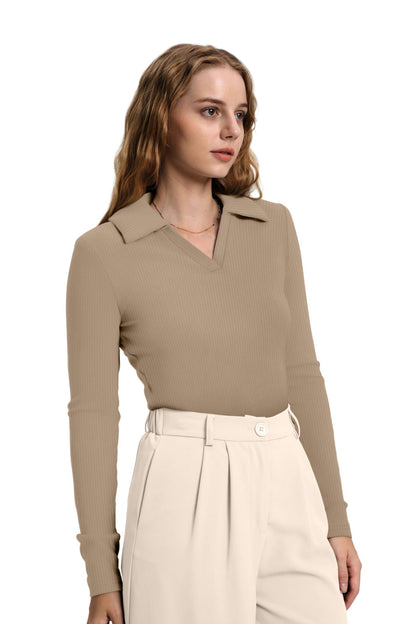 WIHOLL Womens Polo Shirts Long Sleeve Business Casual Tops Collared V Neck Ribbed Knit Sweater Slim Fit Blouses - 7DAY'S