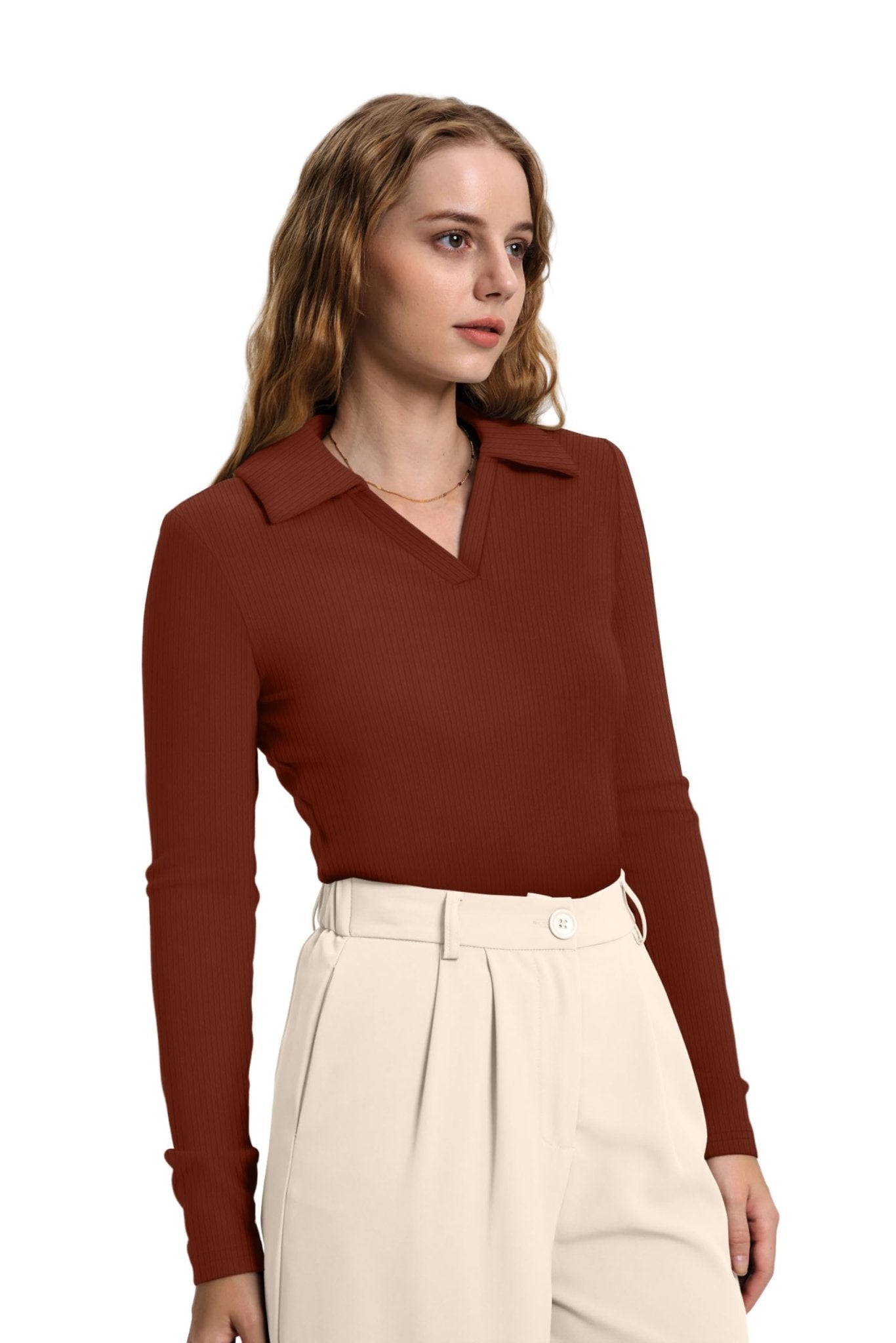 WIHOLL Womens Polo Shirts Long Sleeve Business Casual Tops Collared V Neck Ribbed Knit Sweater Slim Fit Blouses - 7DAY'S
