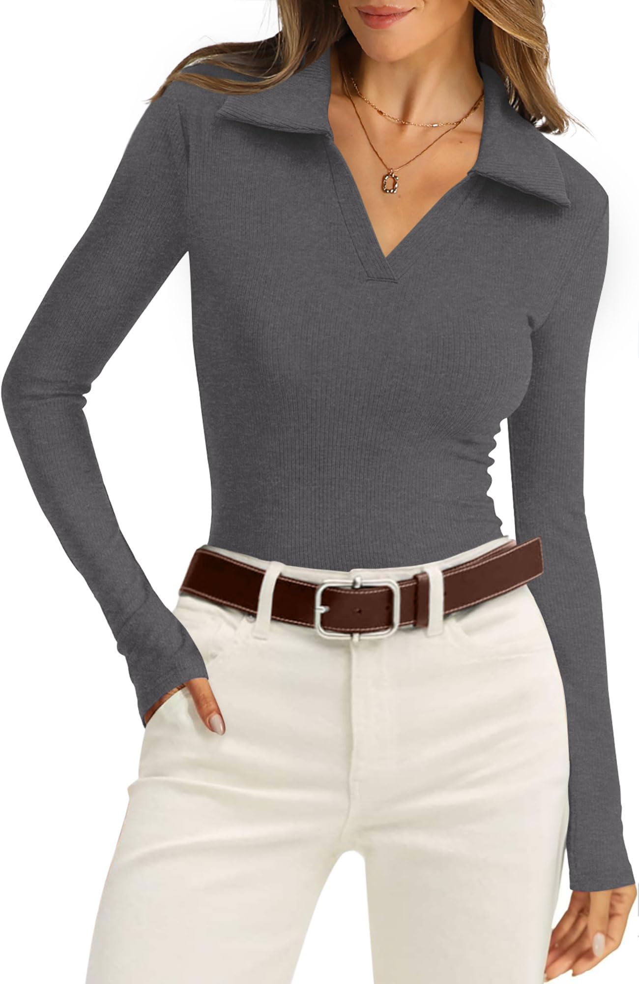 WIHOLL Womens Polo Shirts Long Sleeve Business Casual Tops Collared V Neck Ribbed Knit Sweater Slim Fit Blouses - 7DAY'S
