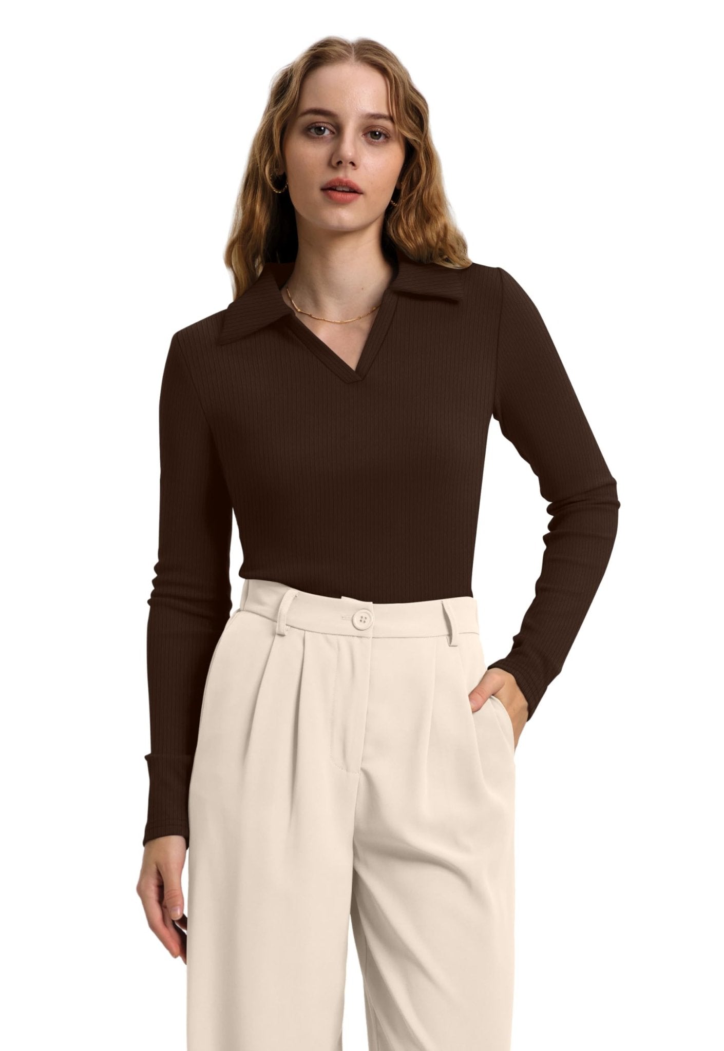 WIHOLL Womens Polo Shirts Long Sleeve Business Casual Tops Collared V Neck Ribbed Knit Sweater Slim Fit Blouses - 7DAY'S