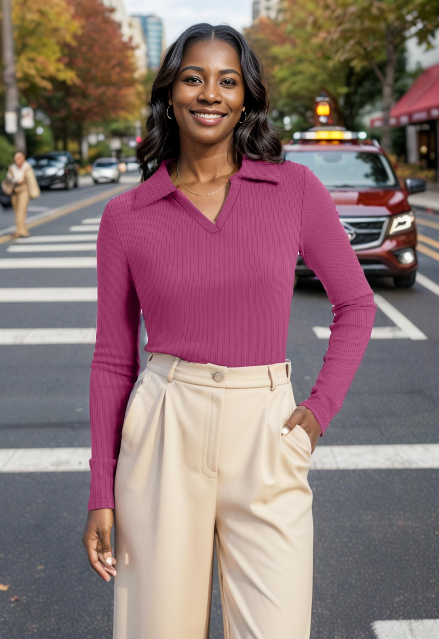 WIHOLL Womens Polo Shirts Long Sleeve Business Casual Tops Collared V Neck Ribbed Knit Sweater Slim Fit Blouses - 7DAY'S