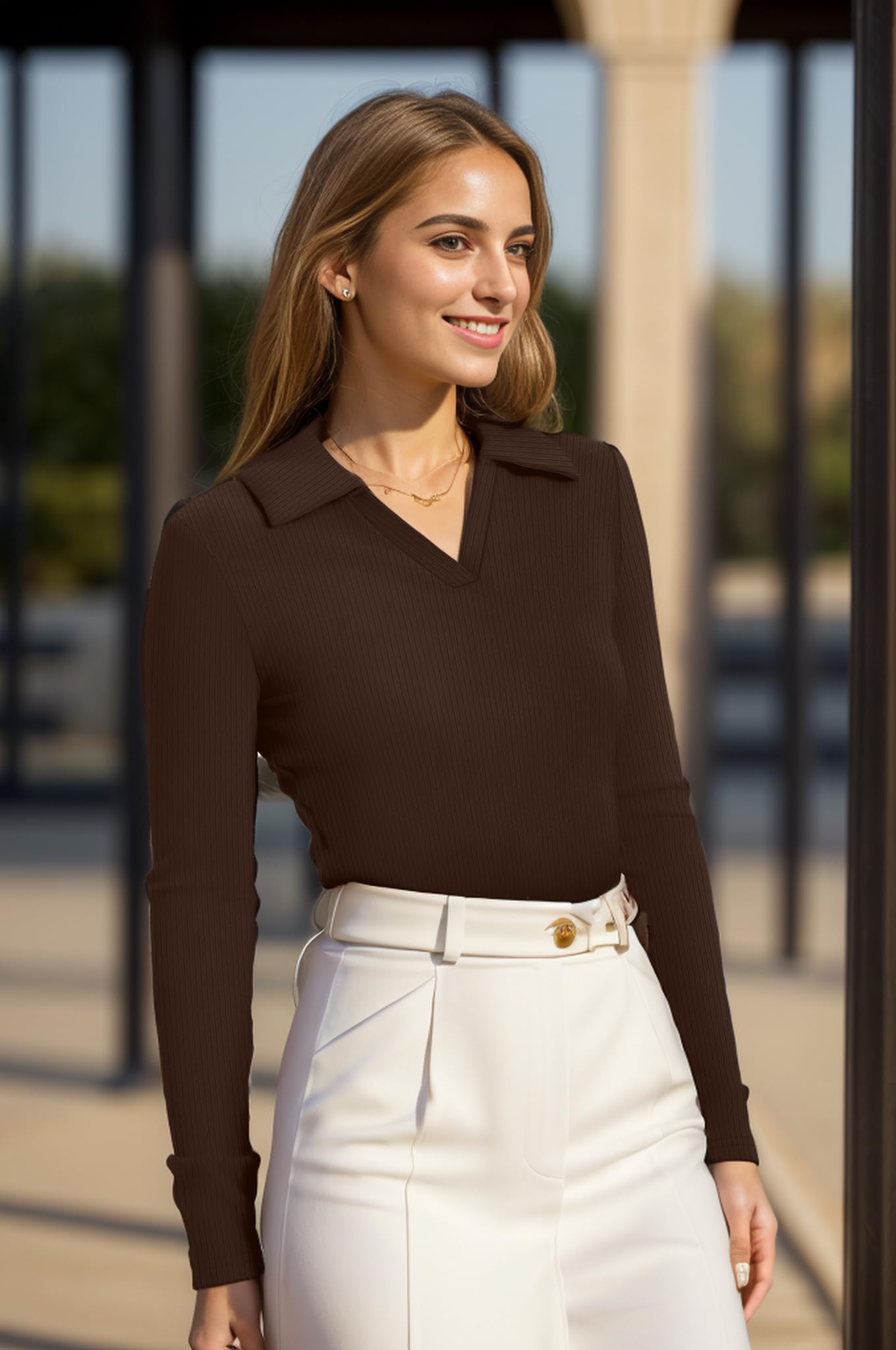 WIHOLL Womens Polo Shirts Long Sleeve Business Casual Tops Collared V Neck Ribbed Knit Sweater Slim Fit Blouses - 7DAY'S