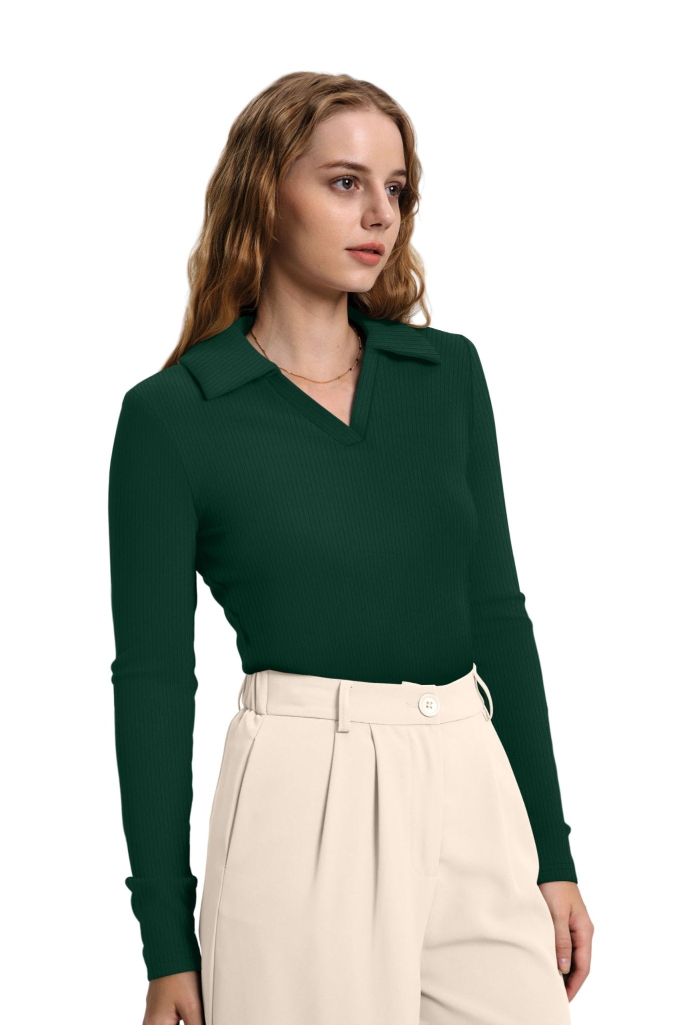 WIHOLL Womens Polo Shirts Long Sleeve Business Casual Tops Collared V Neck Ribbed Knit Sweater Slim Fit Blouses - 7DAY'S