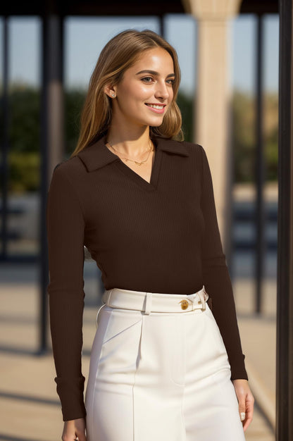 WIHOLL Womens Polo Shirts Long Sleeve Business Casual Tops Collared V Neck Ribbed Knit Sweater Slim Fit Blouses - 7DAY'S