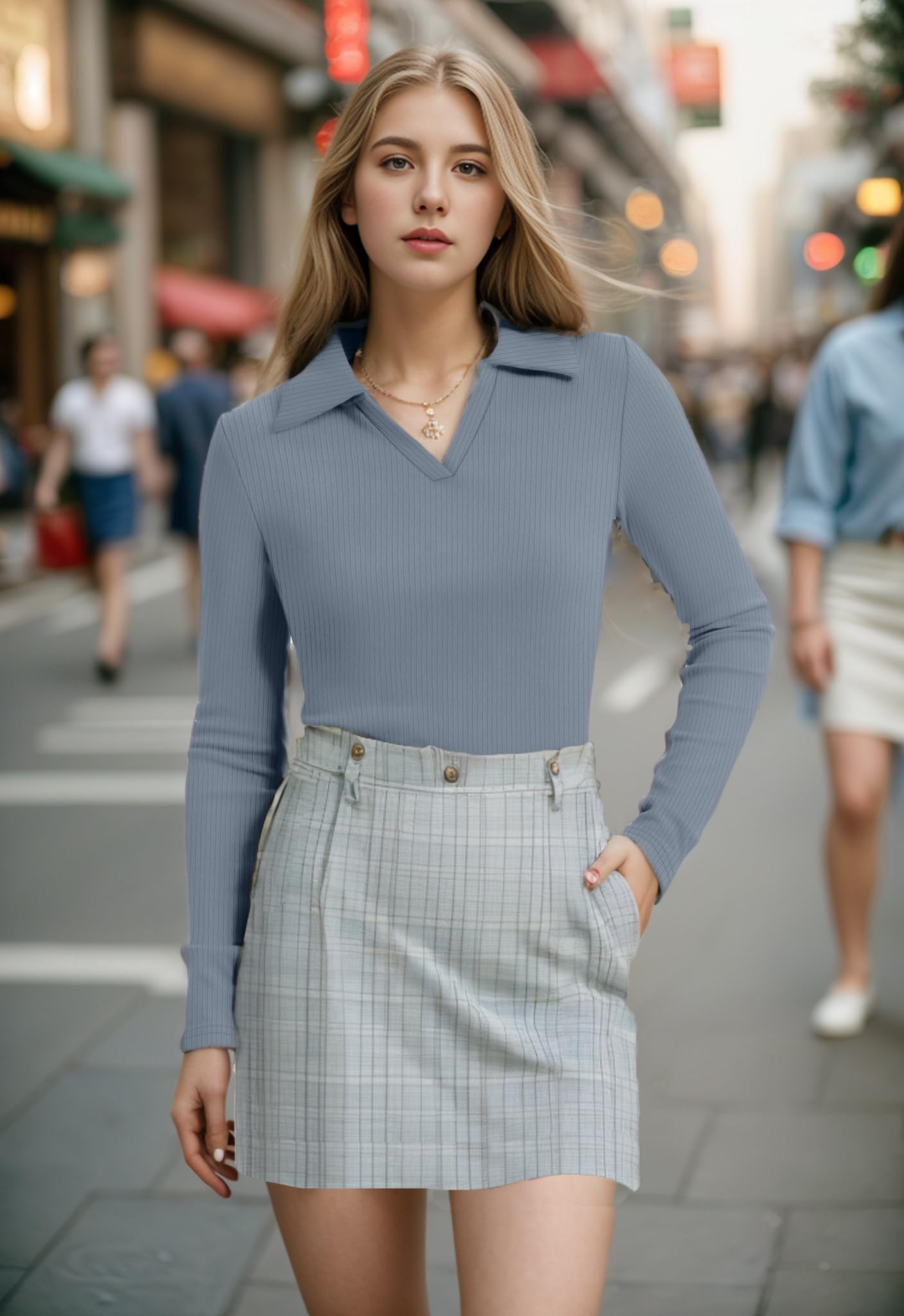 WIHOLL Womens Polo Shirts Long Sleeve Business Casual Tops Collared V Neck Ribbed Knit Sweater Slim Fit Blouses - 7DAY'S
