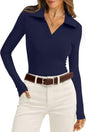 WIHOLL Womens Polo Shirts Long Sleeve Business Casual Tops Collared V Neck Ribbed Knit Sweater Slim Fit Blouses - 7DAY'S