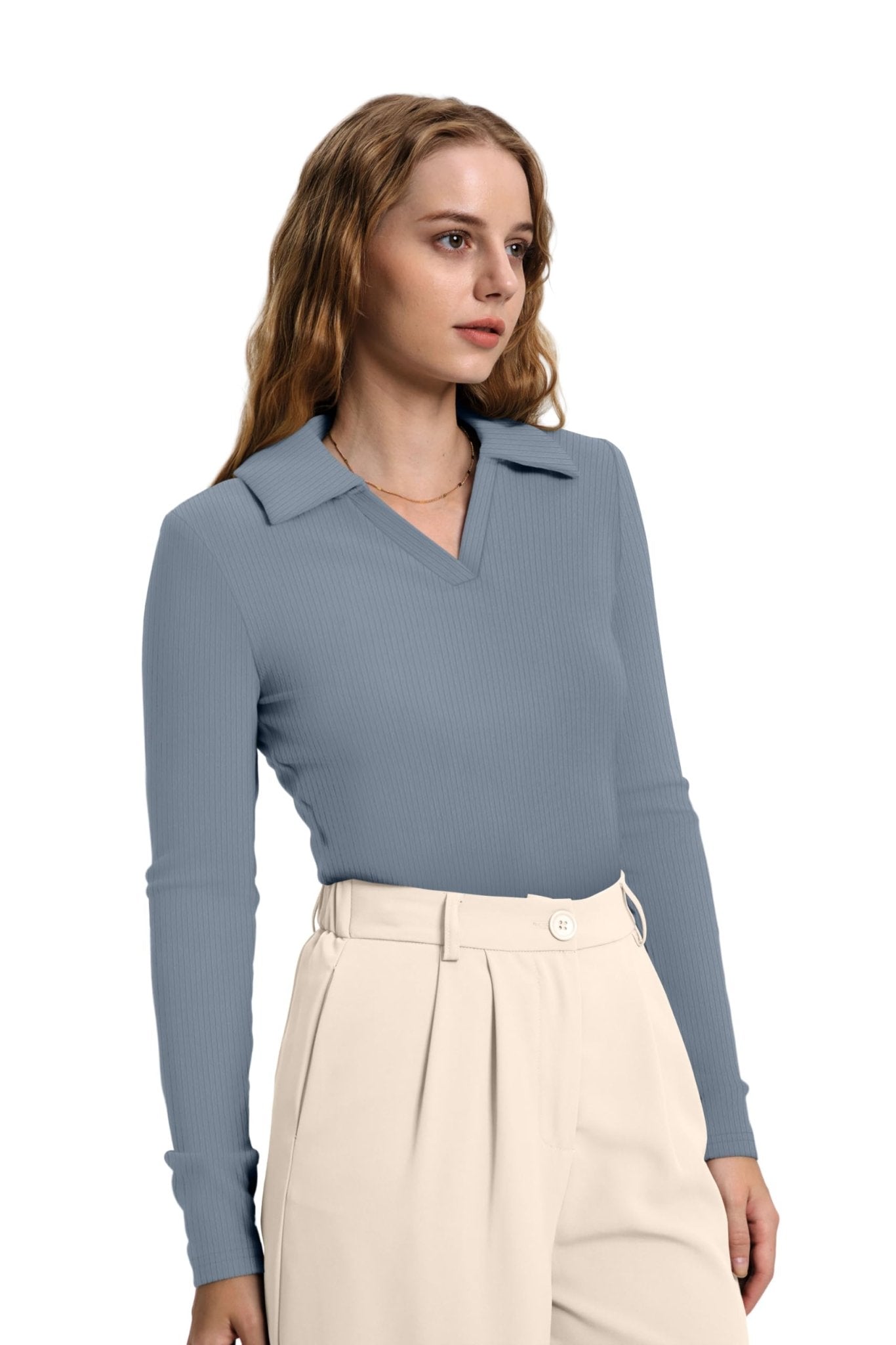 WIHOLL Womens Polo Shirts Long Sleeve Business Casual Tops Collared V Neck Ribbed Knit Sweater Slim Fit Blouses - 7DAY'S