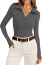 WIHOLL Womens Polo Shirts Long Sleeve Business Casual Tops Collared V Neck Ribbed Knit Sweater Slim Fit Blouses - 7DAY'S