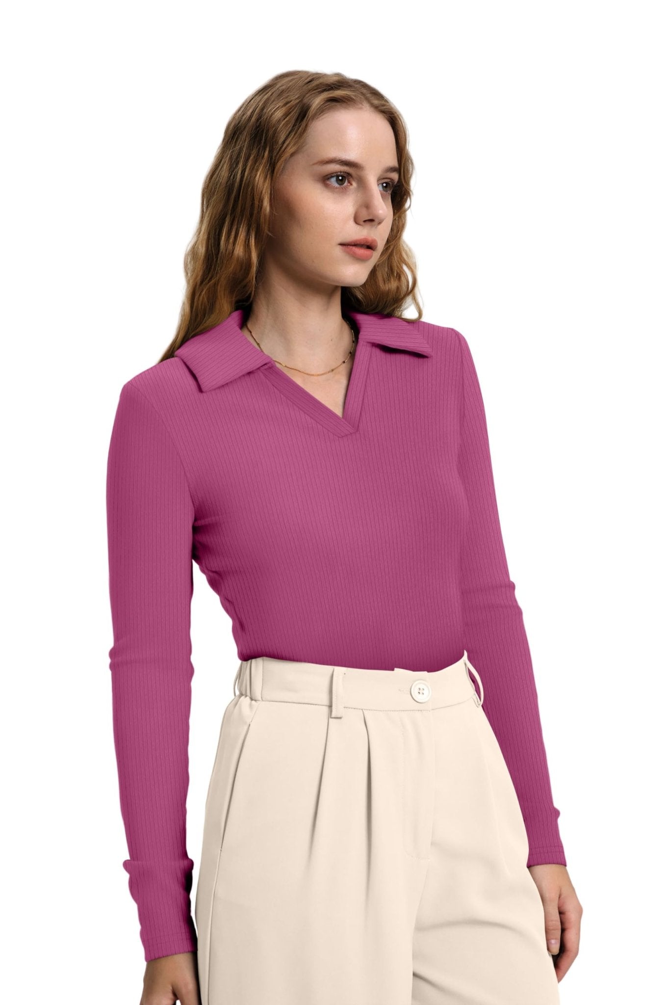WIHOLL Womens Polo Shirts Long Sleeve Business Casual Tops Collared V Neck Ribbed Knit Sweater Slim Fit Blouses - 7DAY'S